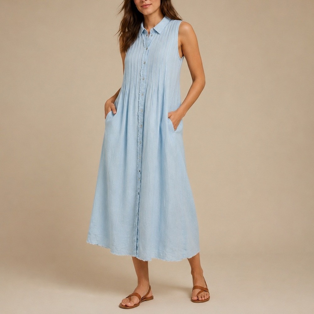 LinenCasa Light Blue 100% Linen Sleeveless Button Front Maxi Dress M Lagenlook